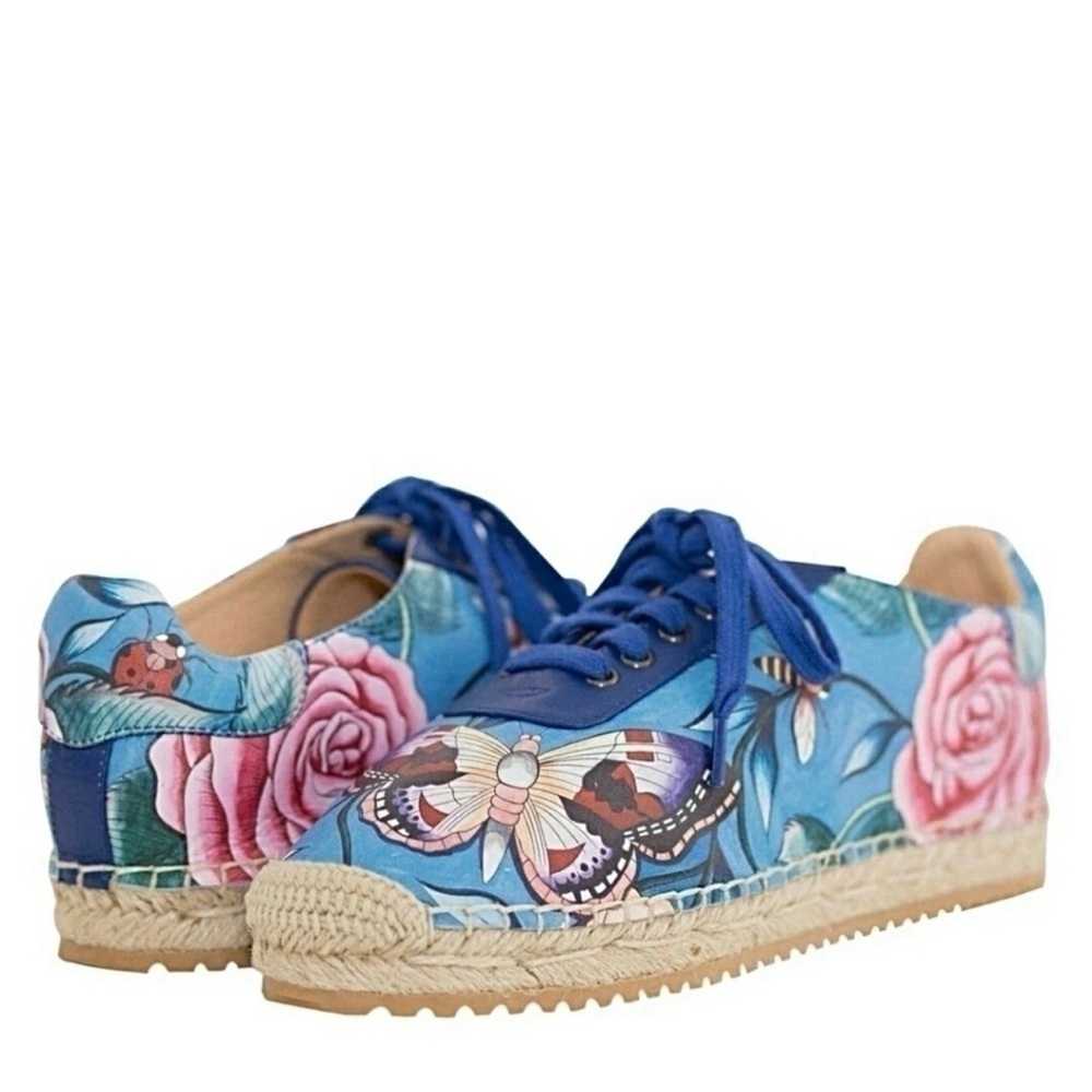 ANUSCHKA DIYA Printed Floral Leather Lace-Up Espadrille Sneakers Shoes